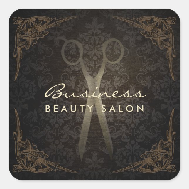 Vintage Gerahmte Damask Haar Salon Schere Quadratischer Aufkleber (Vorderseite)