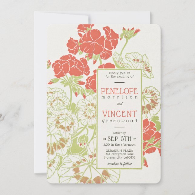 Vintage Geranium Frame Letterpress Style Wedding Einladung (Vorderseite)