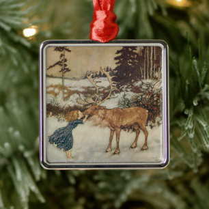 Vintage Gerda und das Rentier von Edmund Dulac Silbernes Ornament