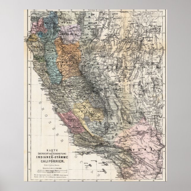 Vintage German Map of California 1879 Poster (Vorne)
