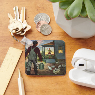 Vintage Geschäft, Bauernhof mit Landwirt und Hühne Schlüsselanhänger