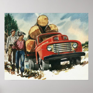 Vintage-Geschäft, Holztransporter mit Holzfällern Poster