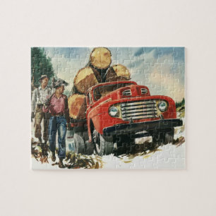 Vintage Geschäft, Holztransporter mit Holzfällern Puzzle