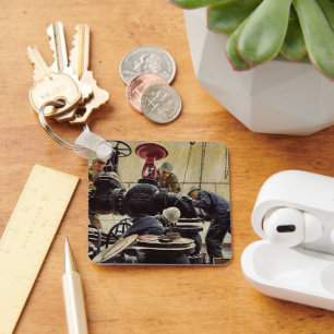 Vintage Geschäft, Ölplattform im Ozean Schlüsselanhänger