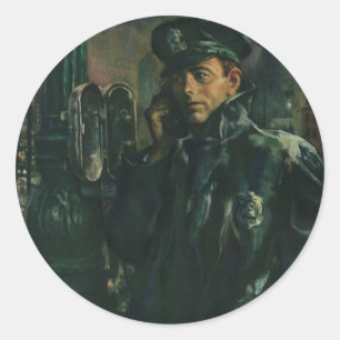 Vintage Geschäft, Polizist am Notruftelefon Runder Aufkleber