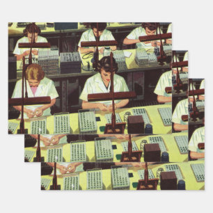 Vintage Geschäft, Telefonmontagelinienarbeiter Geschenkpapier Set