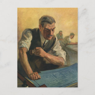 Vintage Geschäftsbaufachmann und Baupläne Postkarte