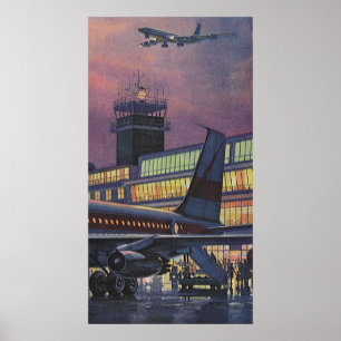 Vintage Geschäftsreisende im Flugzeug am Flughafen Poster