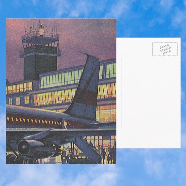 Vintage Geschäftsreisende im Flugzeug am Flughafen Postkarte (Von Creator hochgeladen)