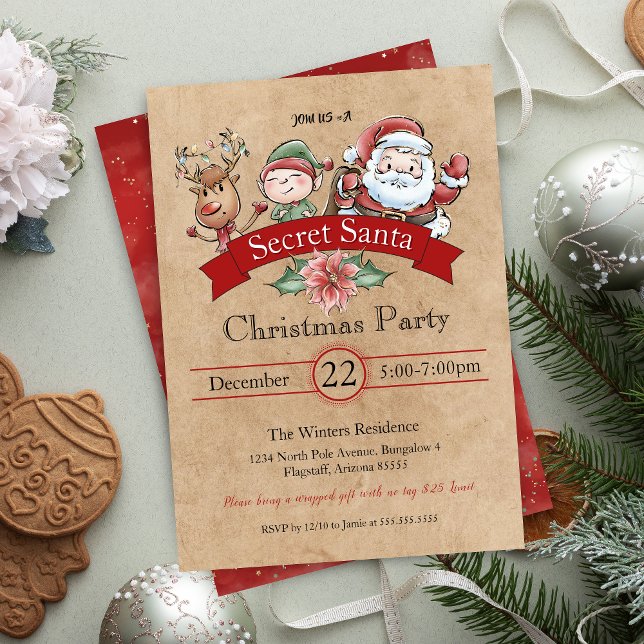 Vintage Geschenkbörse Geheimnis Weihnachten Einladung (Vintage secret santa gift exchange party invitation for holiday office party or white elephant gifts)