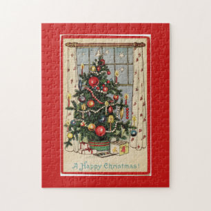 Vintage geschmückter Weihnachtsbaum Rot Puzzle