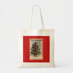 Vintage geschmückter Weihnachtsbaum Rot Tragetasche