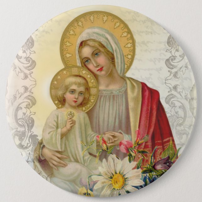 Vintage gesegnete Jungfrau-Mutter Mary Jesus mit Button (Vorderseite)