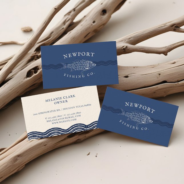 Vintage Gestaltfische, Wellenarten, Marine Visitenkarte (Vintage Etched Style Fish, Waves Ocean Theme Navy Business Card)