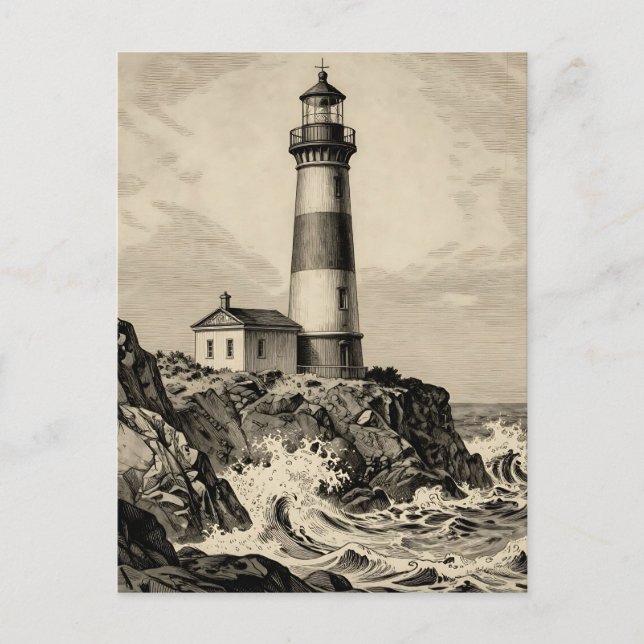 Vintage gestreifter Leuchtturm stürmische Küste  Postkarte (Vorderseite)