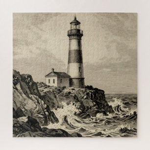 Vintage gestreifter Leuchtturm stürmische Küste  Puzzle