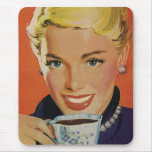 Vintage Getränke, glückliche Frau mit Kaffee-Tasse Mousepad