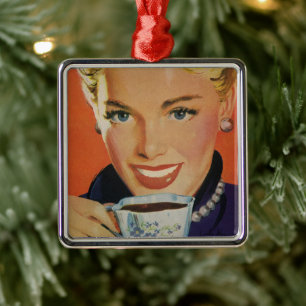 Vintage Getränke, glückliche Frau mit Kaffee-Tasse Ornament Aus Metall