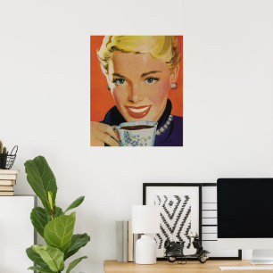 Vintage Getränke, glückliche Frau mit Kaffee-Tasse Poster