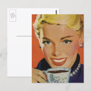Vintage Getränke, glückliche Frau mit Kaffee-Tasse Postkarte