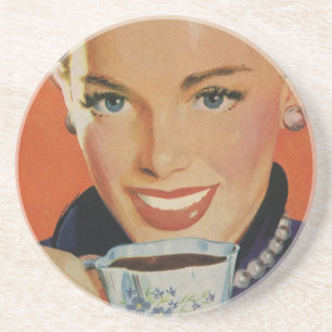 Vintage Getränke, glückliche Frau mit Kaffee-Tasse Sandstein Untersetzer