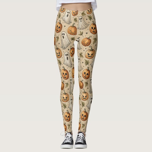 Vintage Ghosts & Pumpkins Halloween-Muster Leggings (Vorderseite)
