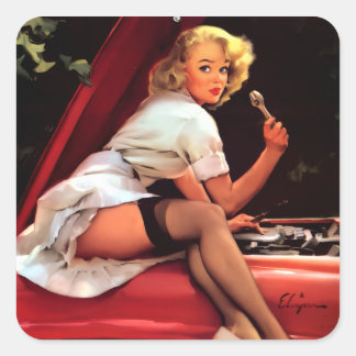 Vintage-Gil-Elvgren-Retro-Automechaniker-Pin-Up-Gi Quadratischer Aufkleber