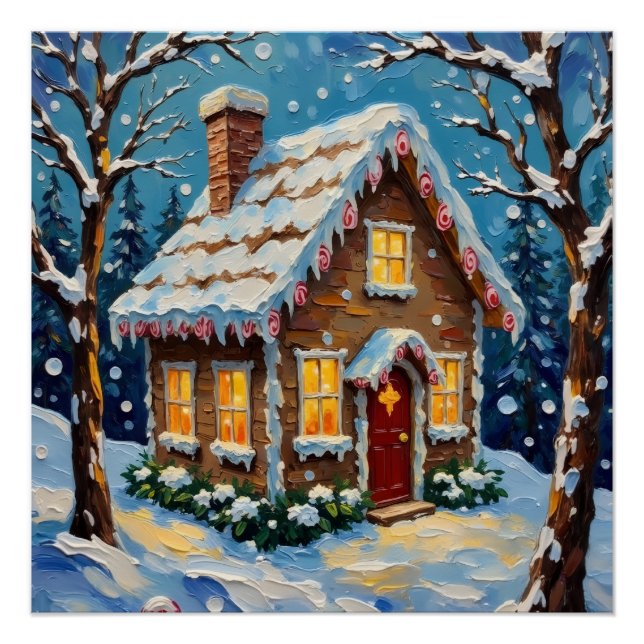 Vintage Gingerbread House in Enchanted Winter Poster (Vorderseite)