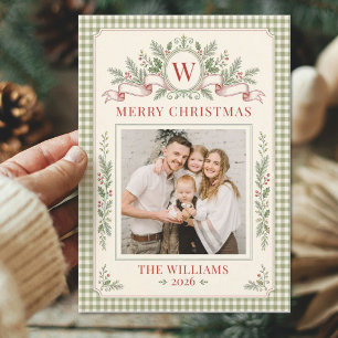 Vintage-Gingham-Monogramm-Familien-Weihnachtsfoto Feiertagskarte