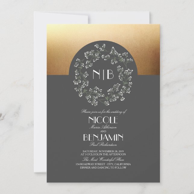 Vintage Gipskraut Wreath Gold-Hochzeit Einladung (Vorderseite)