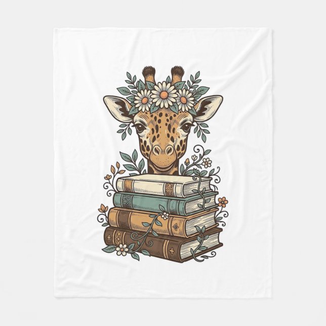 Vintage-Giraffe-Lesebücher-Blumen-Shirt-Design_ Fleecedecke (Vorderseite)