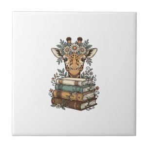 Vintage-Giraffe-Lesebücher-Blumen-Shirt-Design_ Fliese