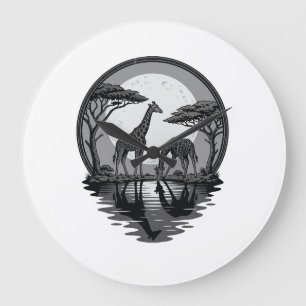 Vintage-Giraffe-Mond-Silhouette-Safari-Vektor-Desi Große Wanduhr