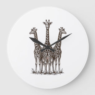 Vintage-Giraffe-Sonnenuntergang-Gravur-Safari-Shir Große Wanduhr