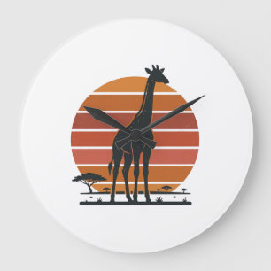 Vintage-Giraffe-Sonnenuntergang-Safari-Vektor-Shir Große Wanduhr