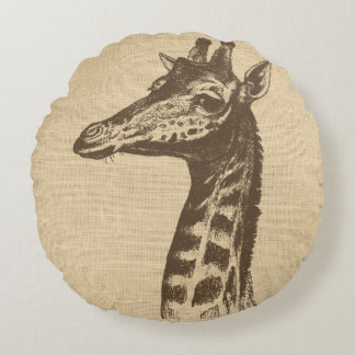 Vintage-Giraffen-Illustration auf Burlap  Rundes Kissen