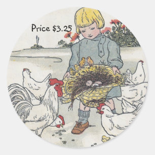 Vintage Girl And Chickens Preisetiketten Runder Aufkleber