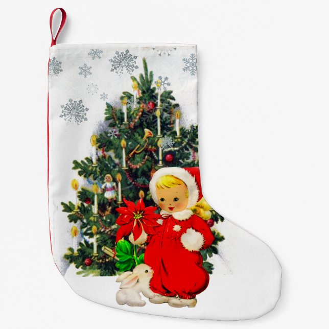 Vintage Girl and Holiday Tree / Retro Kleiner Weihnachtsstrumpf (Vorderseite)