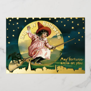 Vintage Girl & Black Cat auf Broom Halloween Folien Feiertagskarte