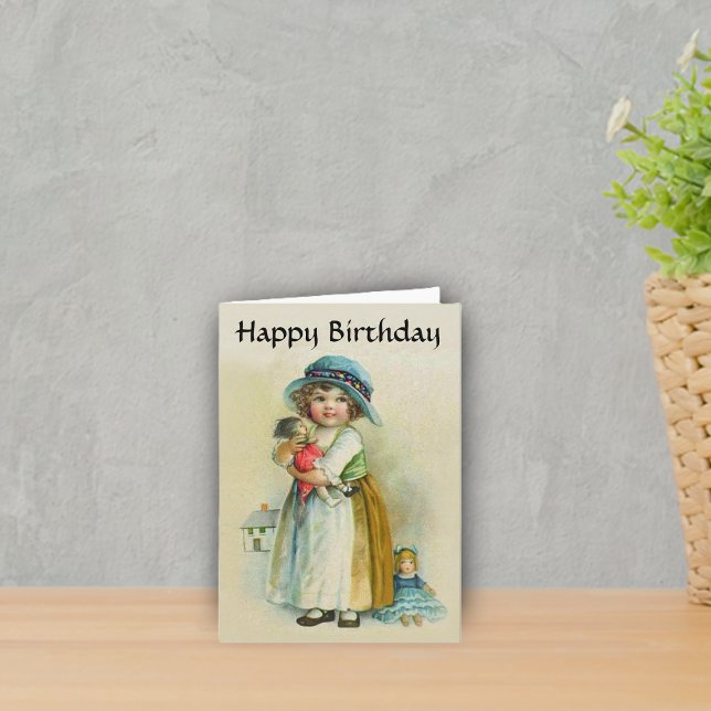 Vintage Girl Chubby Cheeks Hat Dolls Geburtstag Karte (Cute Victorian little girl with dolls chubby cheeks on Happy Birthday greeting card.)