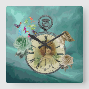 Vintage Girl Clock Watch Square Wallclock Quadratische Wanduhr