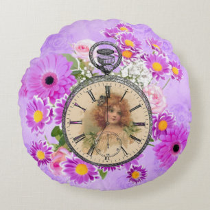 Vintage Girl ClockWatch Lila florales Rundkissen Rundes Kissen