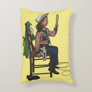 Vintage Girl Cowgirl beim Blick in den Spiegel Sie Dekokissen