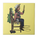 Vintage Girl Cowgirl Looking  Mirror She's so Vain Fliese<br><div class="desc">Clear background, click through to change the color to any hexcode that matches your decor! Vintage illustration children image featuring a girl dressed up as a cowgirl sitting on a chair draped with her green dress, she is admiring herself in a mirror. She is wearing a cowboy hat and a...</div>