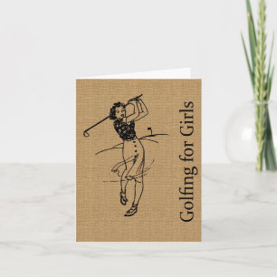 Vintage Girl Golfer on Faux Burlap Decorative Karte