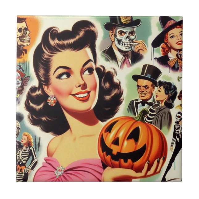 Vintage Girl Halloween-Illustration Fliese (Vorderseite)