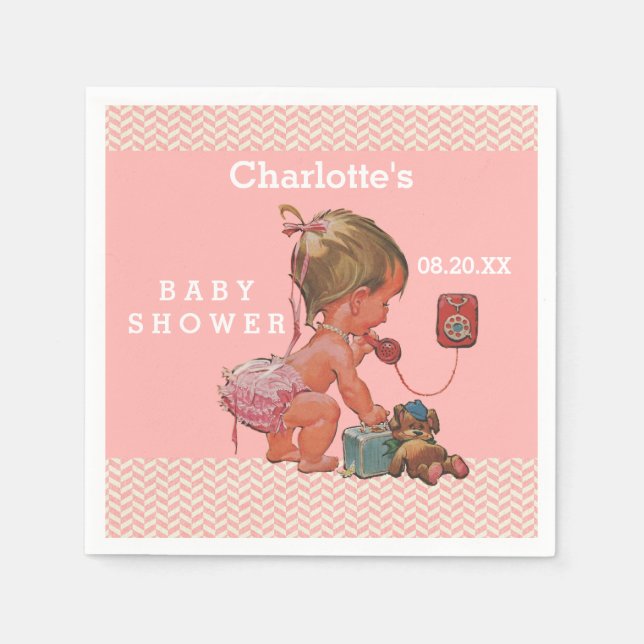 Vintage Girl on Phone Baby Dusche Chevronen Serviette (Vorderseite)