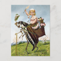 Vintage Girl Riding Insect Postcard