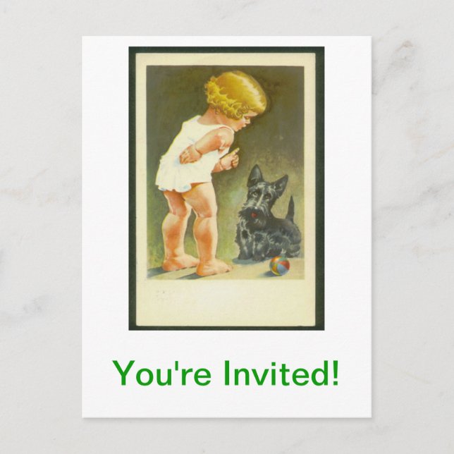 Vintage Girl und Scottish Terrier Postcard Einladungspostkarte (Vorderseite)