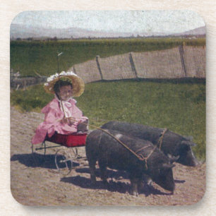 Vintage Girl With Her Pet Pigs Untersetzer